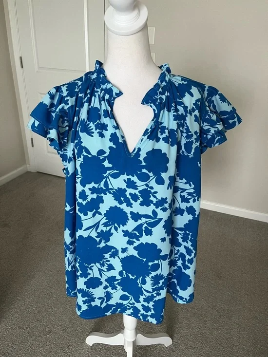NWT Sugarlips Blue Floral Ruffle-Sleeve Women's Top Size 2X - Picture 5 of 9